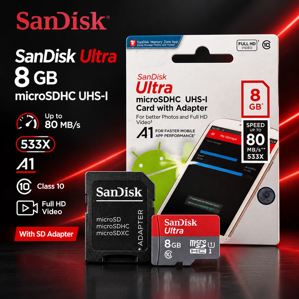 رم میکرو اس دی ۸ گیگ سندیسک SanDisk Ultra سرعت 80MB/s(گارانتی 36 ماه)